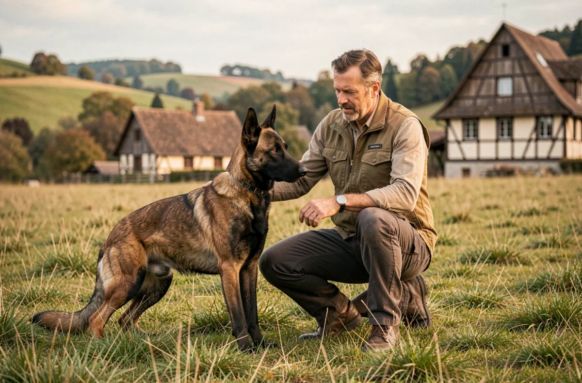 Éducateur canin professionnel travaillant avec un berger malinois dans la campagne alsacienne du Grand Est