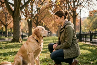 Éducateur canin en Île-de-France travaillant avec un chien dans un parc parisien