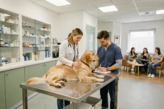 Vue d'ensemble d'une clinique vétérinaire moderne dans le Val-d'Oise avec un vétérinaire examinant un chien golden retriever