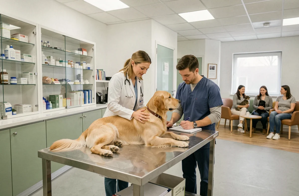 Vue d'ensemble d'une clinique vétérinaire moderne dans le Val-d'Oise avec un vétérinaire examinant un chien golden retriever