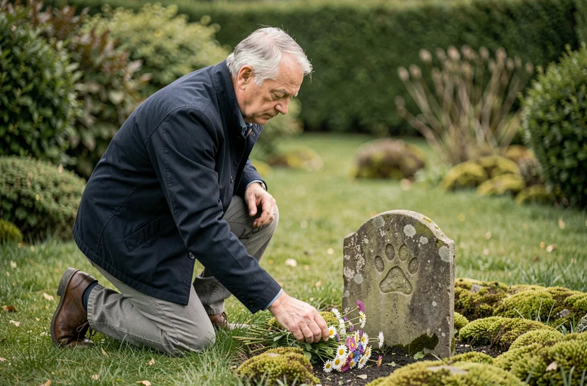 Homme déposant des fleurs devant une pierre commémorative pour chat dans un jardin, souvenir après crémation