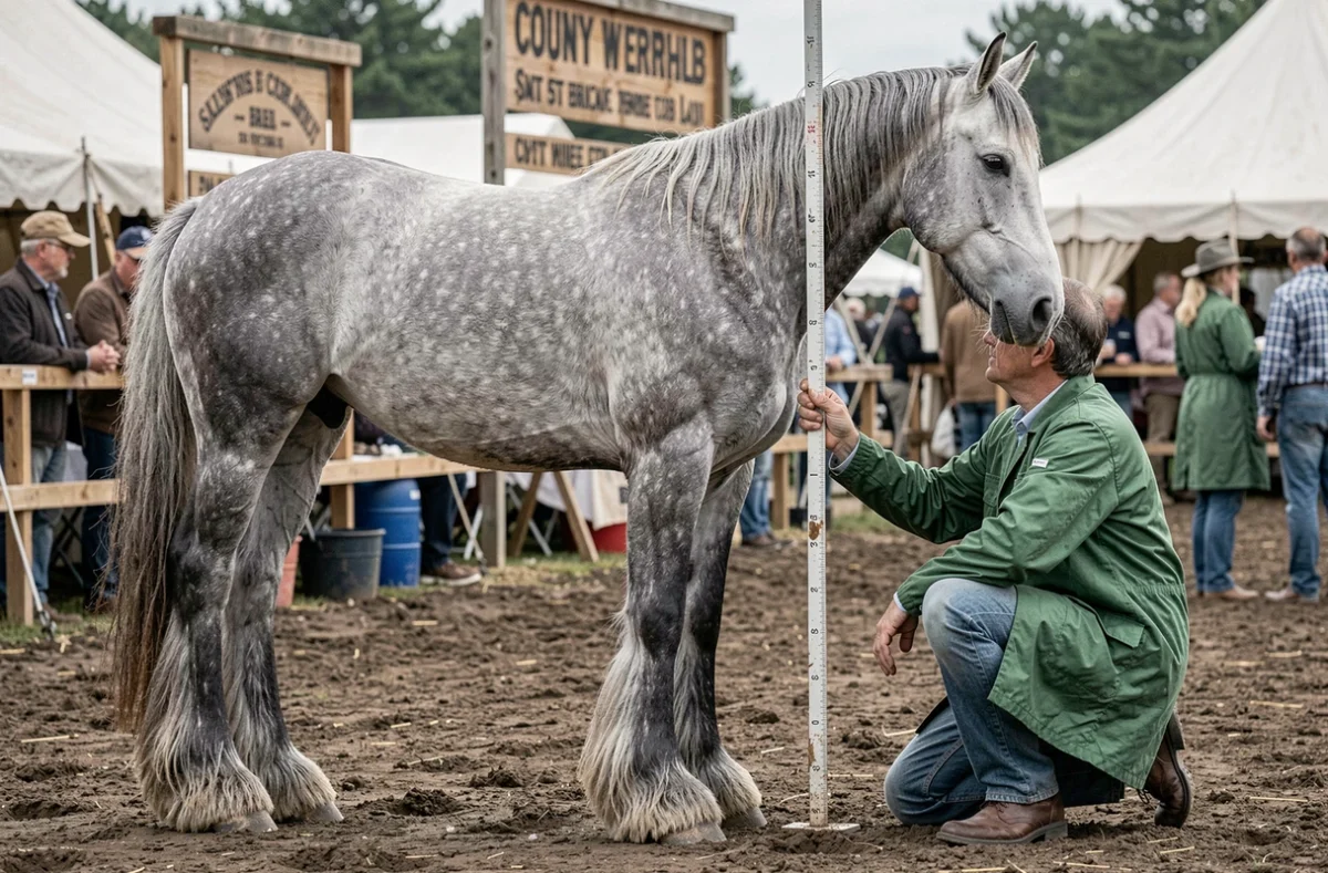 Vétérinaire mesurant la taille d'un immense cheval de trait gris lors d'une foire agricole avec une canne de mesure professionnelle