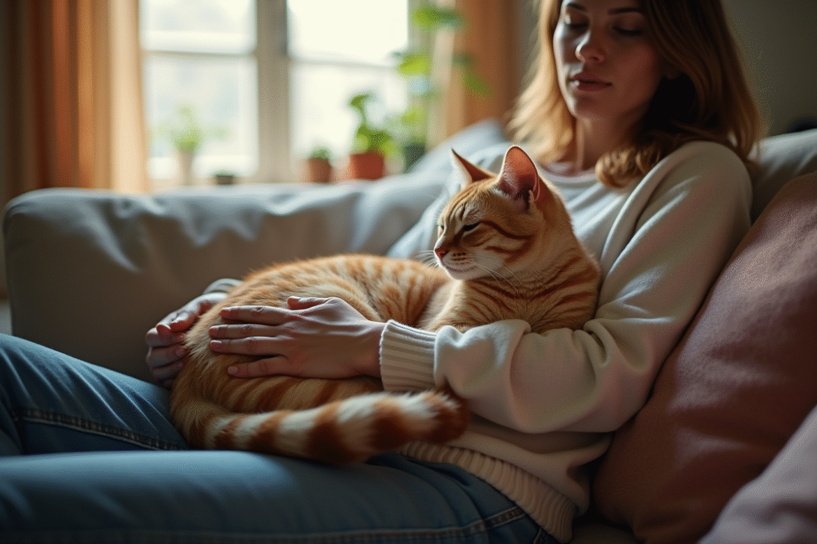 Personne sur un canapé avec un chat sur les genoux dans une ambiance chaleureuse