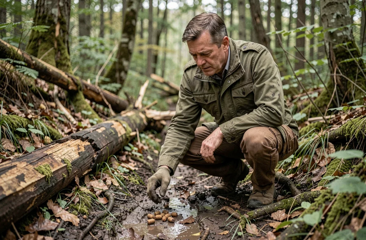 Naturaliste accroupi analysant des crottes de sanglier sur un sentier boueux en forêt, comparaison de taille avec la main gantée