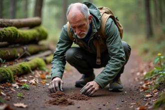 Naturaliste observant des excréments d'animaux en forêt au printemps