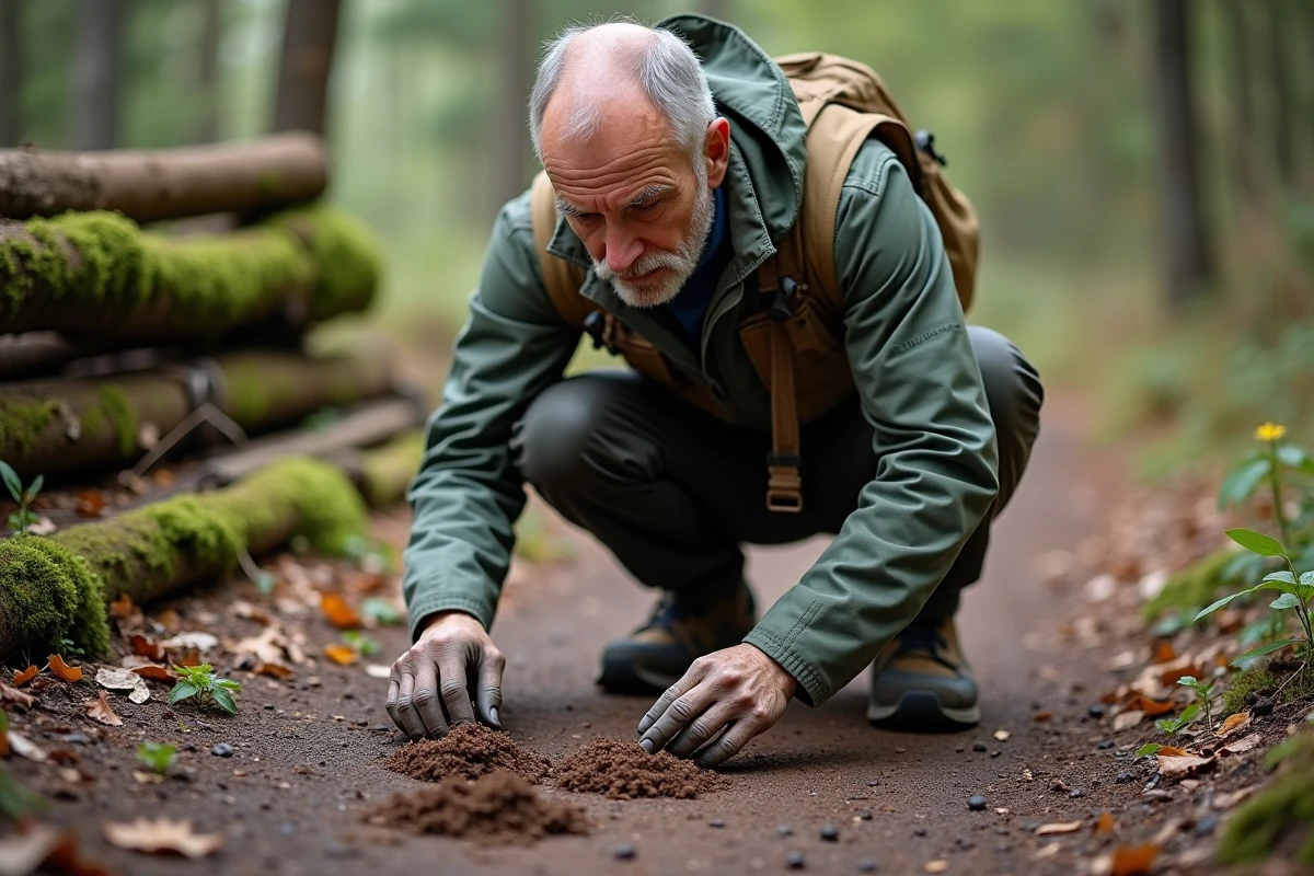 Naturaliste observant des excréments d'animaux en forêt au printemps