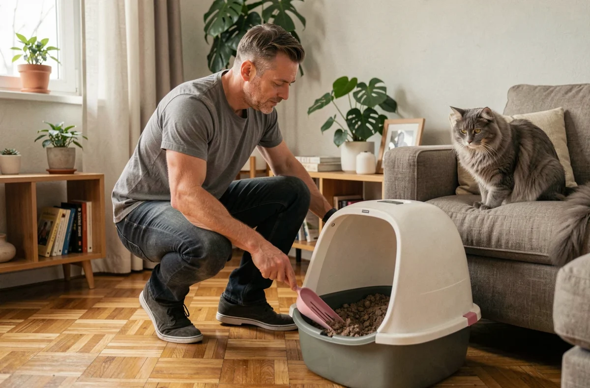 Homme nettoyant une litière fermée pour chat dans un salon cosy avec un chat gris observant la scène