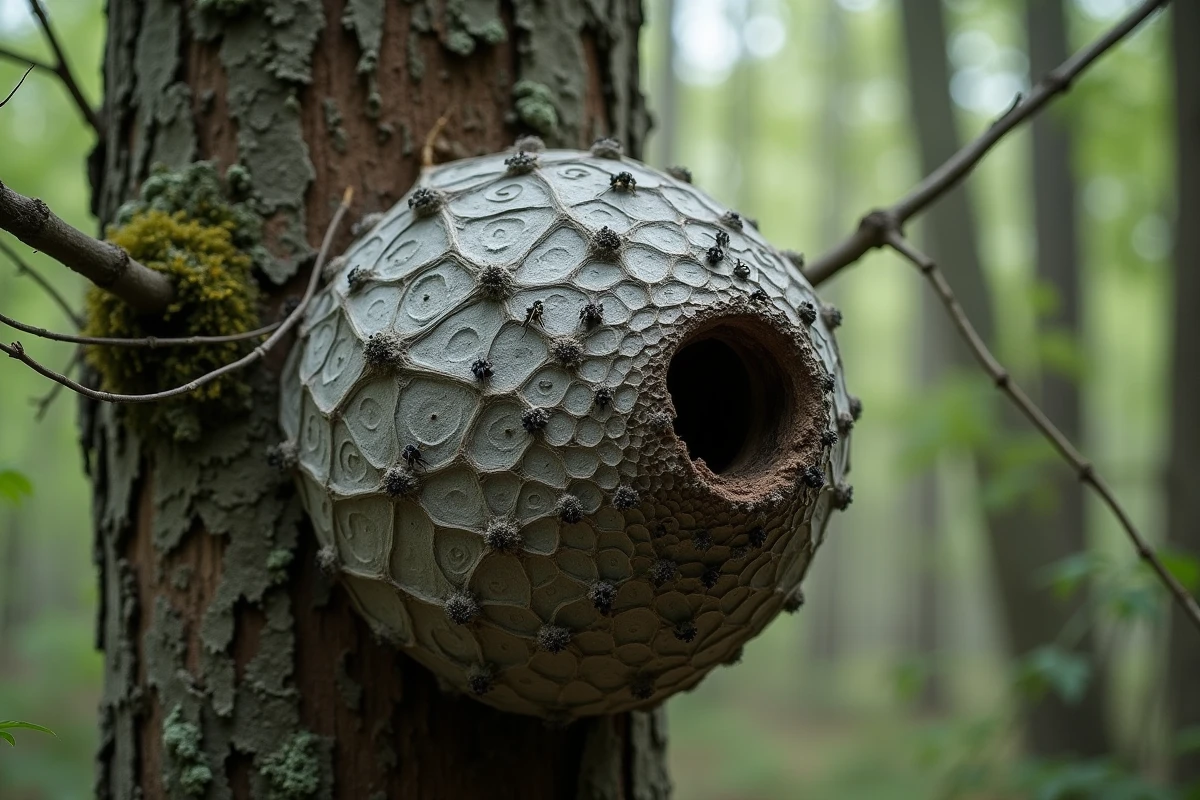 Nid de frelons noirs en papier mâché accroché dans un chêne en forêt, avec plusieurs frelons visibles à l'entrée