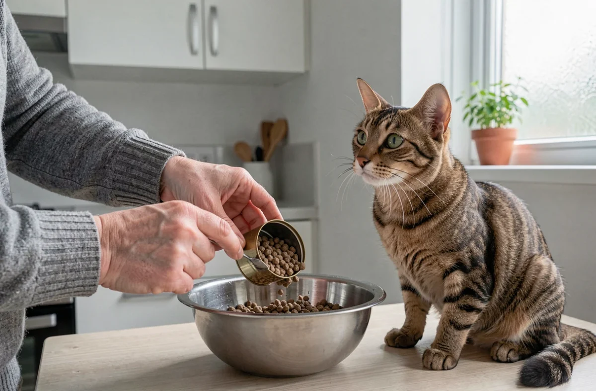Personne servant de la nourriture humide à un chat maigre dans une cuisine moderne