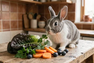 Lapin domestique gris et blanc reniflant des légumes frais disposés sur une table en bois, dont de la laitue romaine, du persil, des carottes et des myrtilles