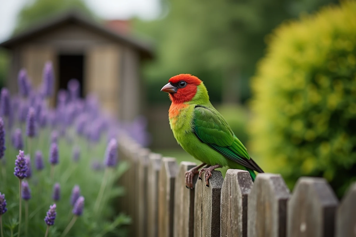 Oiseau vert à tête rouge perché sur une clôture dans un jardin