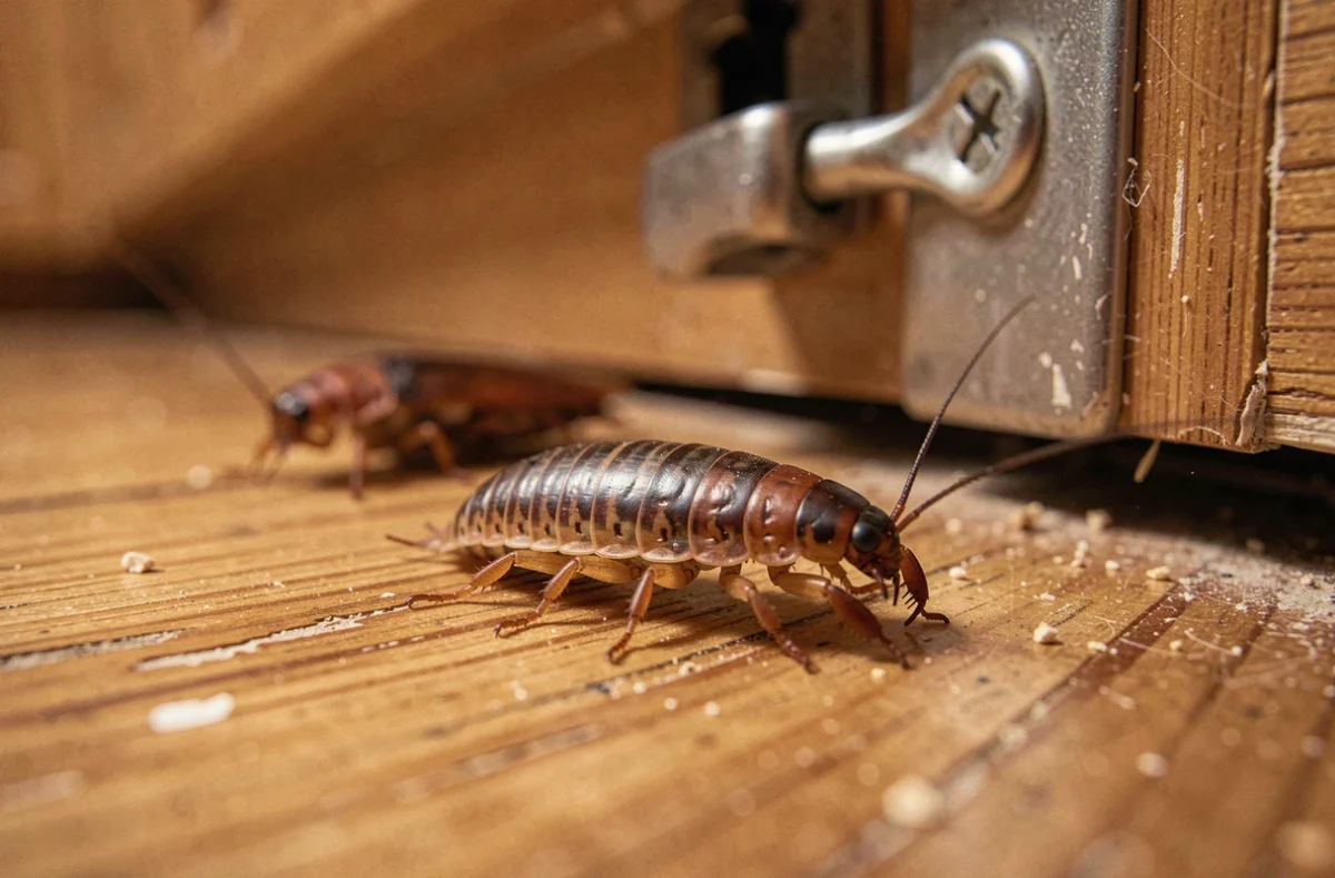 Gros plan d'un ophone insecte avec pince visible sur une plinthe en bois, blatte floue en arrière-plan