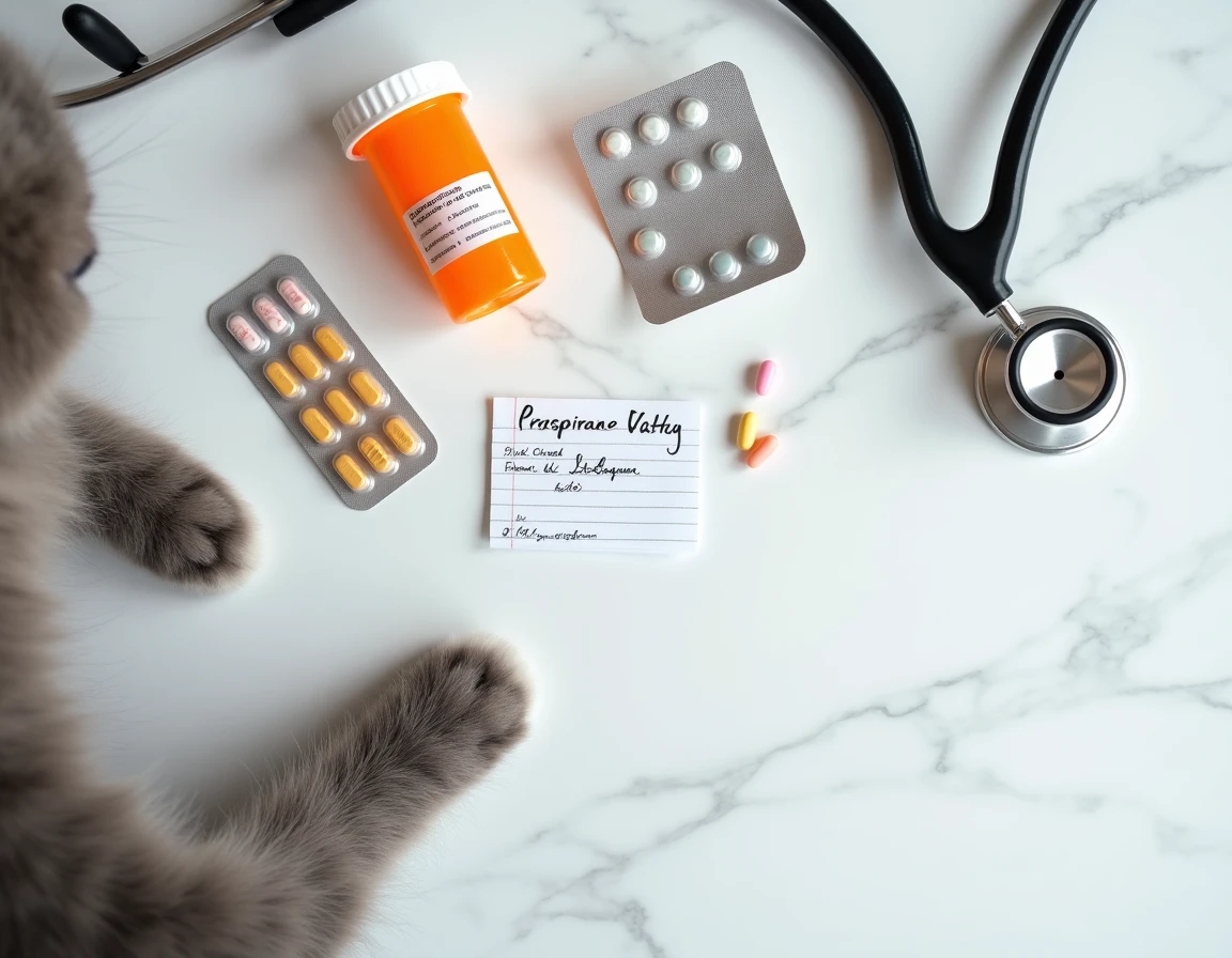 Gros plan sur une ordonnance vétérinaire, un flacon d'antibiotiques et une patte de chat sur une surface en marbre blanc