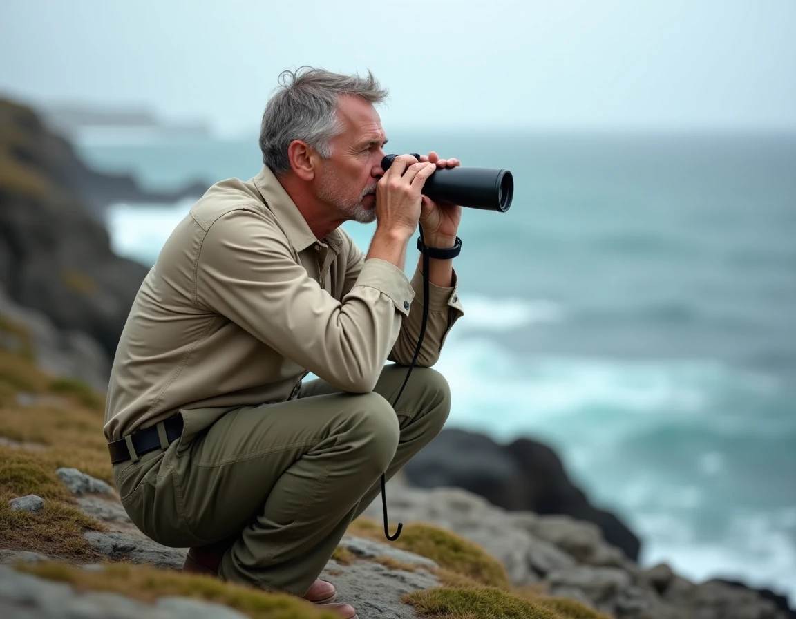 Ornithologue amateur utilisant des jumelles pour observer des oiseaux marins sur une falaise côtière