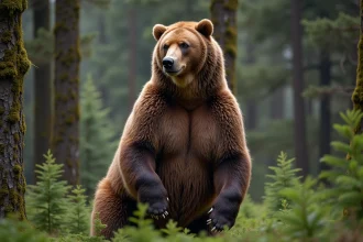 Ours kodiak debout sur ses pattes arrière dans une forêt côtière de l'Alaska entouré d'épicéas de Sitka recouverts de mousse