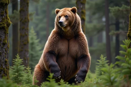 Ours kodiak debout sur ses pattes arrière dans une forêt côtière de l'Alaska entouré d'épicéas de Sitka recouverts de mousse