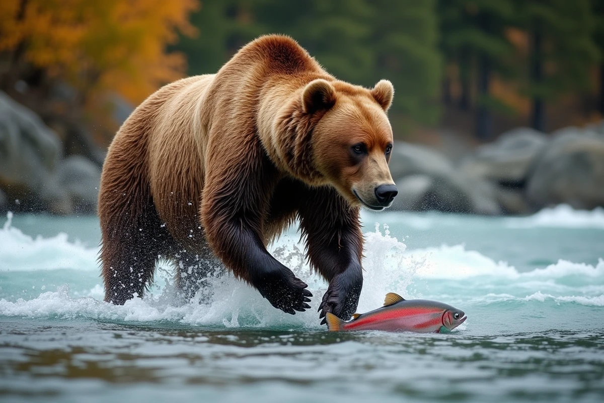 Ours kodiak adulte traversant une rivière peu profonde pour attraper un saumon rouge en Alaska à l'automne