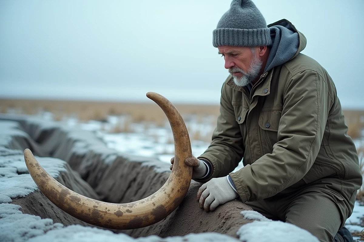 Paléontologue excavant une défense de mammouth dans le pergélisol arctique, représentant les recherches sur l'extinction des mammouths