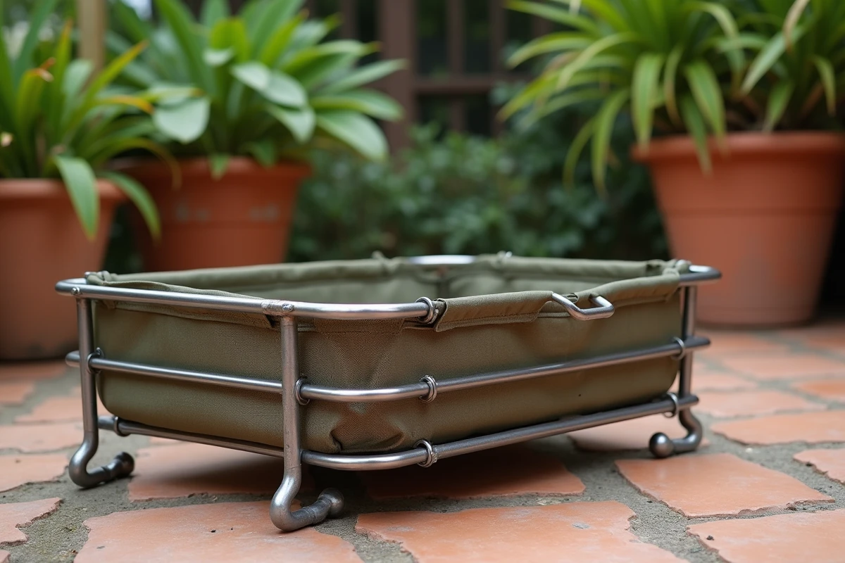Panier pour chien en cadre métallique et nylon balistique anti-griffures posé sur terrasse en pierre, vue détail structure