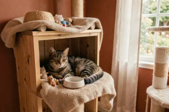 Chat tigré installé confortablement dans une pension pour chats dans les Bouches-du-Rhône, sur un coussin douillet avec jouets et griffoir