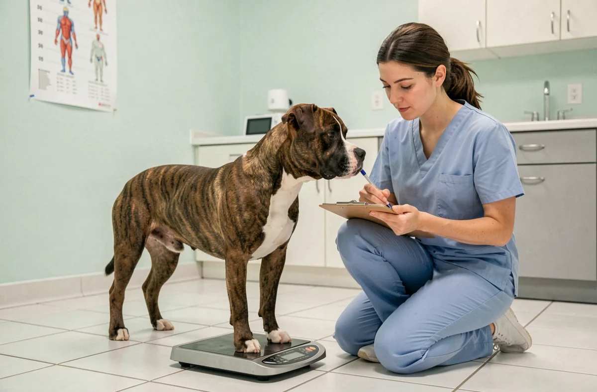 Chien Staffie pesé par une infirmière vétérinaire pour surveiller son développement physique
