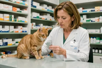 Pharmacienne tenant un chat roux sur un comptoir de pharmacie tout en montrant un vermifuge en boîte