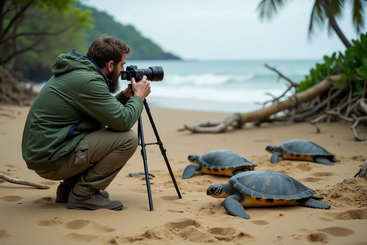 Photographe animalier observant des tortues marines en train de nidifier sur une plage tropicale, impact du tourisme sur les espèces sauvages