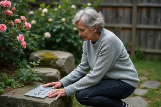 Femme agenouillée devant une pierre commémorative gravée pour son chien dans un jardin verdoyant