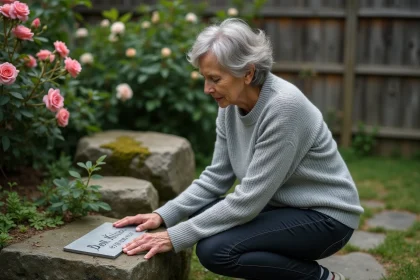 Femme agenouillée devant une pierre commémorative gravée pour son chien dans un jardin verdoyant