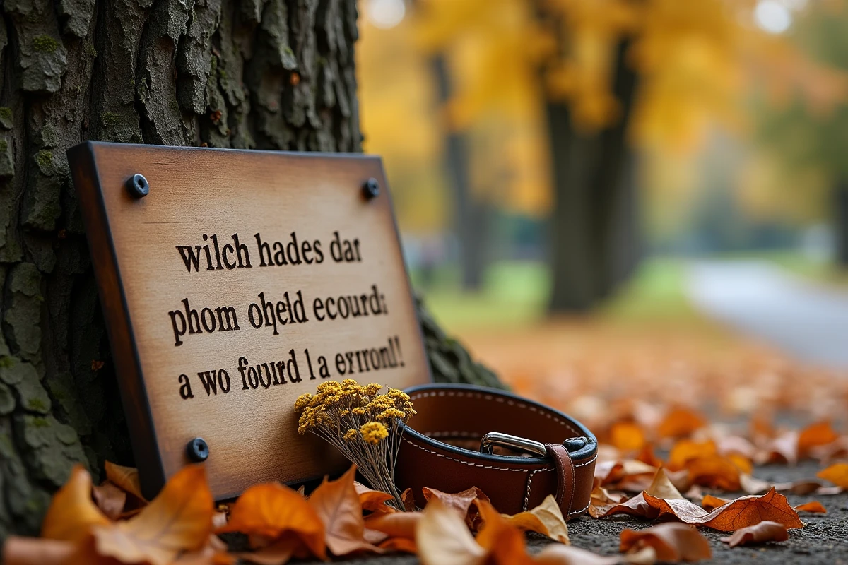 Plaque commémorative en bois gravée pour un chien posée contre un arbre en automne avec un collier et des fleurs séchées