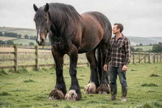 Immense cheval de trait Shire debout dans un pré vert avec un palefrenier à ses côtés pour illustrer sa taille exceptionnelle