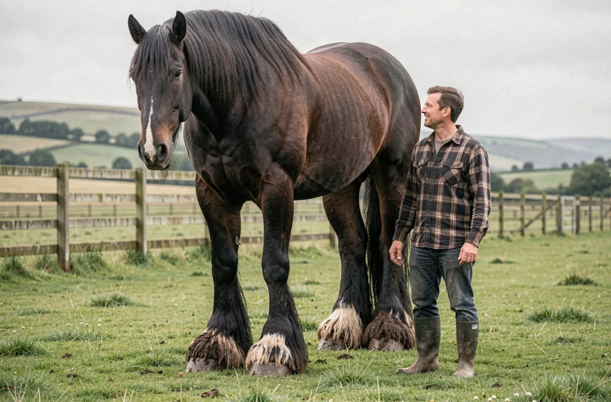 Immense cheval de trait Shire debout dans un pré vert avec un palefrenier à ses côtés pour illustrer sa taille exceptionnelle