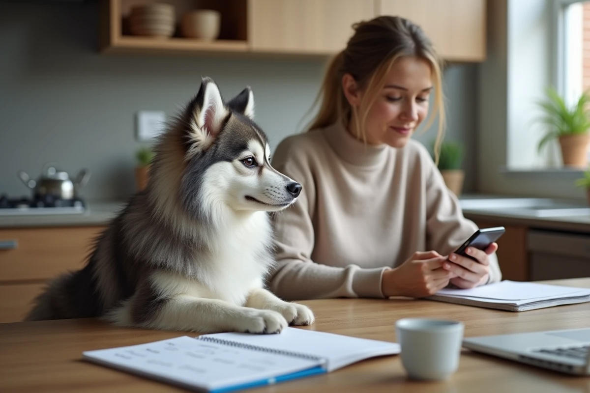 Pomsky assis à côté d'une femme dans une cuisine moderne