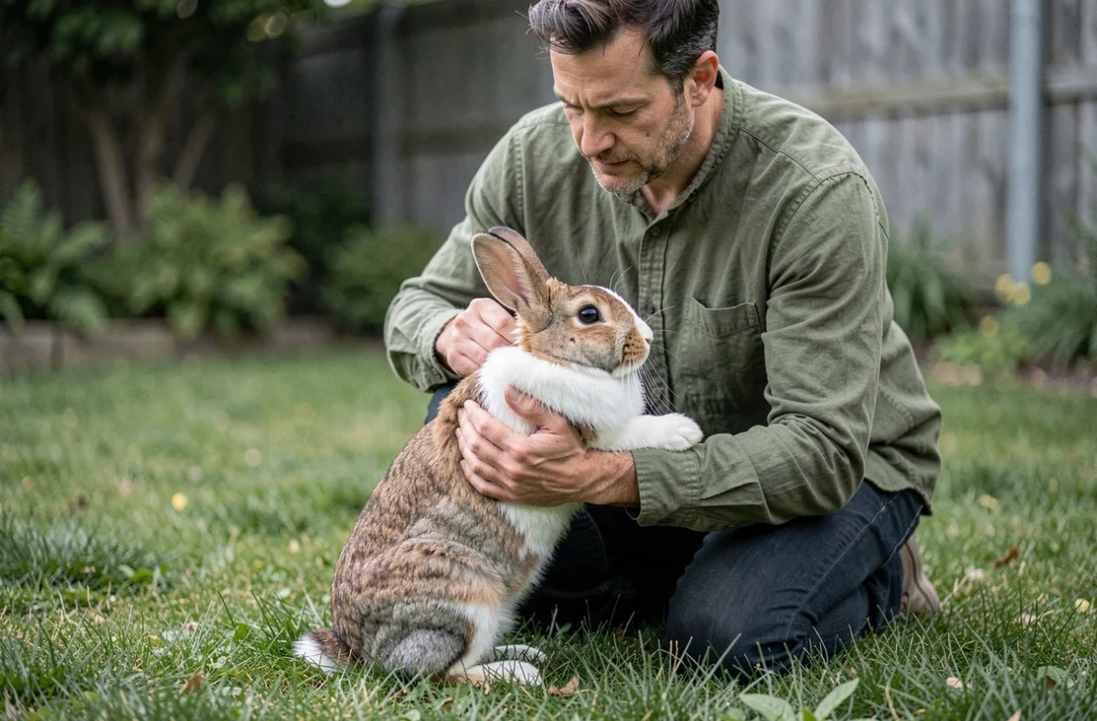 Homme soulevant un grand lapin brun et blanc dans un jardin en soutenant correctement son corps entier