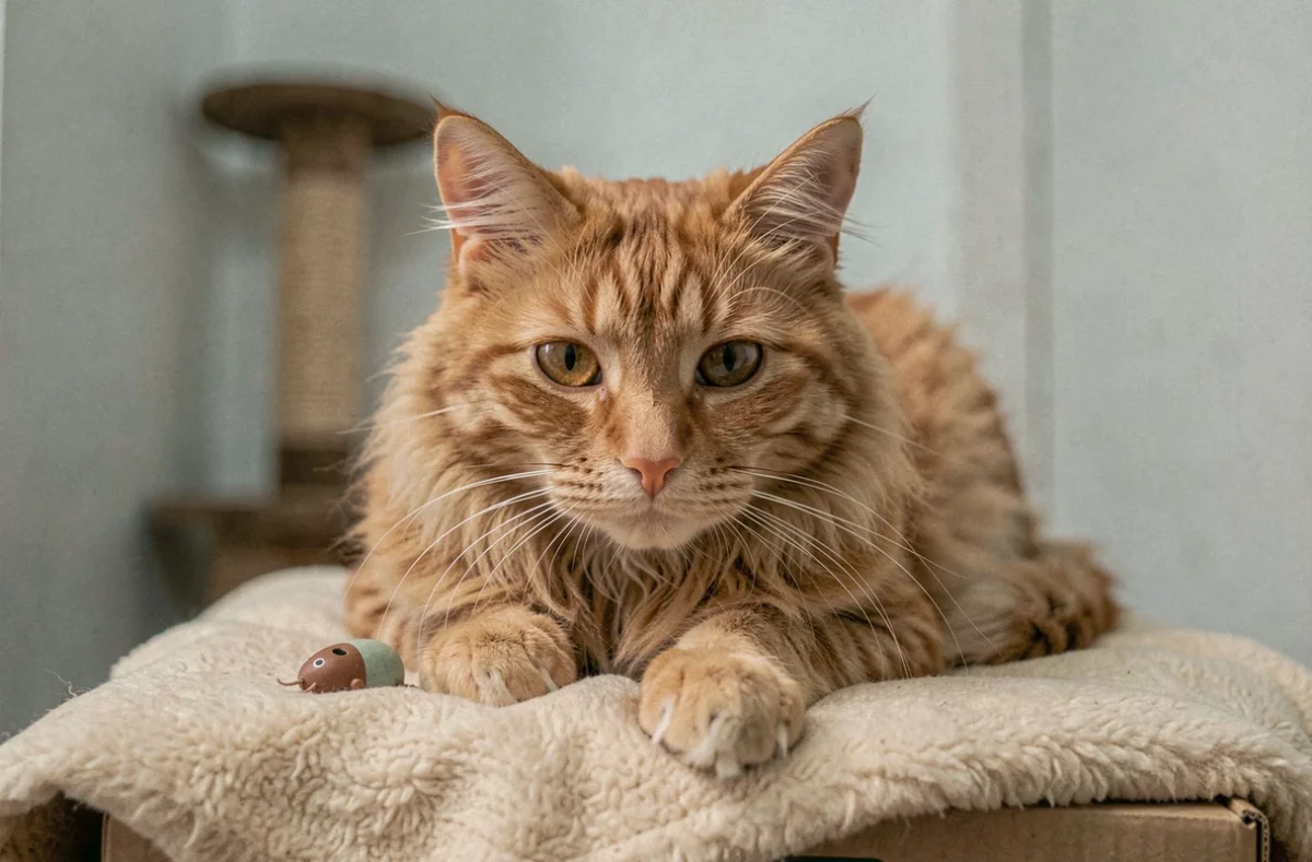 Portrait rapproché d'un chat roux stressé blotti sur une couverture familière posée sur un carton lors d'un déménagement