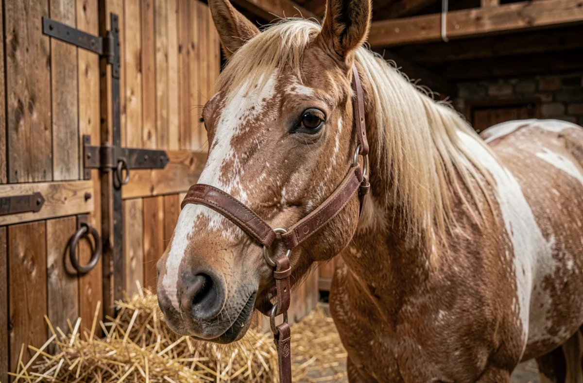 Portrait en gros plan d'un cheval Clydesdale géant dans une écurie en bois avec harnais en cuir et litière de paille