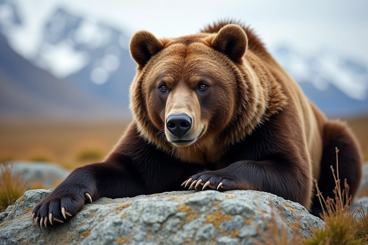 Portrait en gros plan d'un ours kodiak au pelage épais reposant sur un rocher de granite dans une prairie alpine