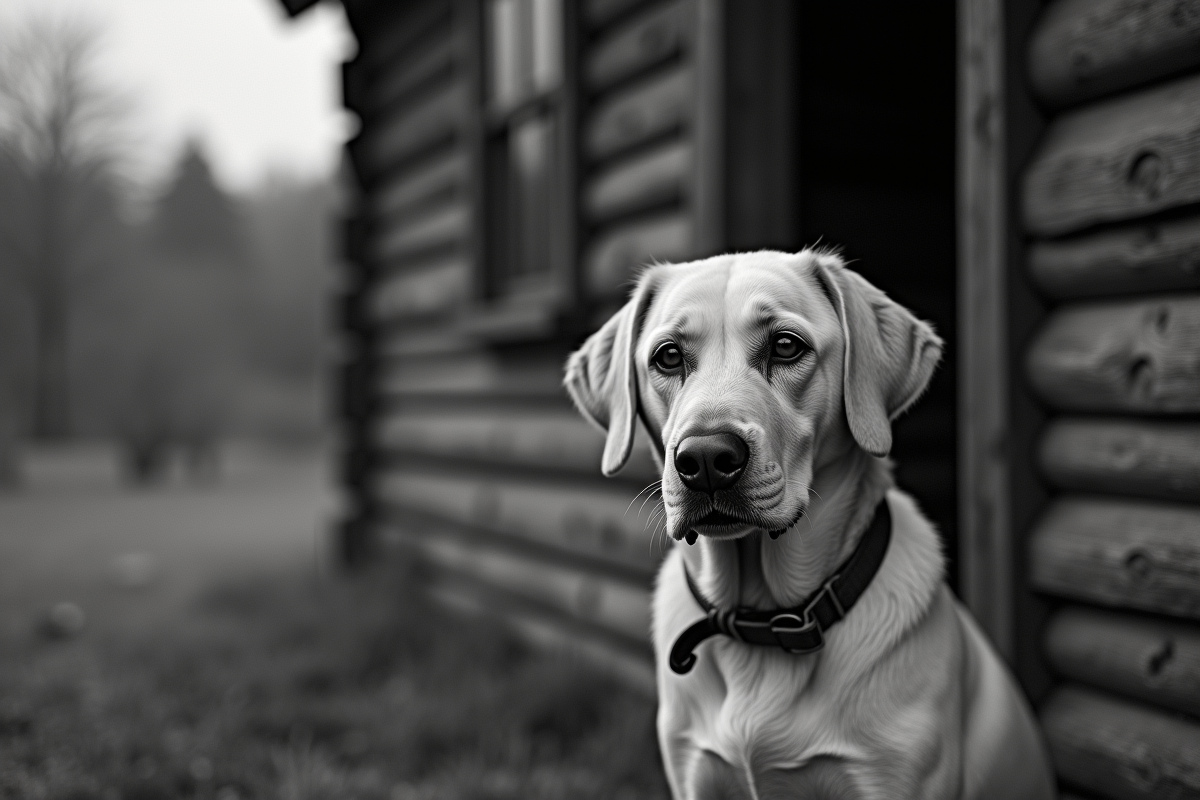 Portrait vintage d un Labrador noir devant une cabane