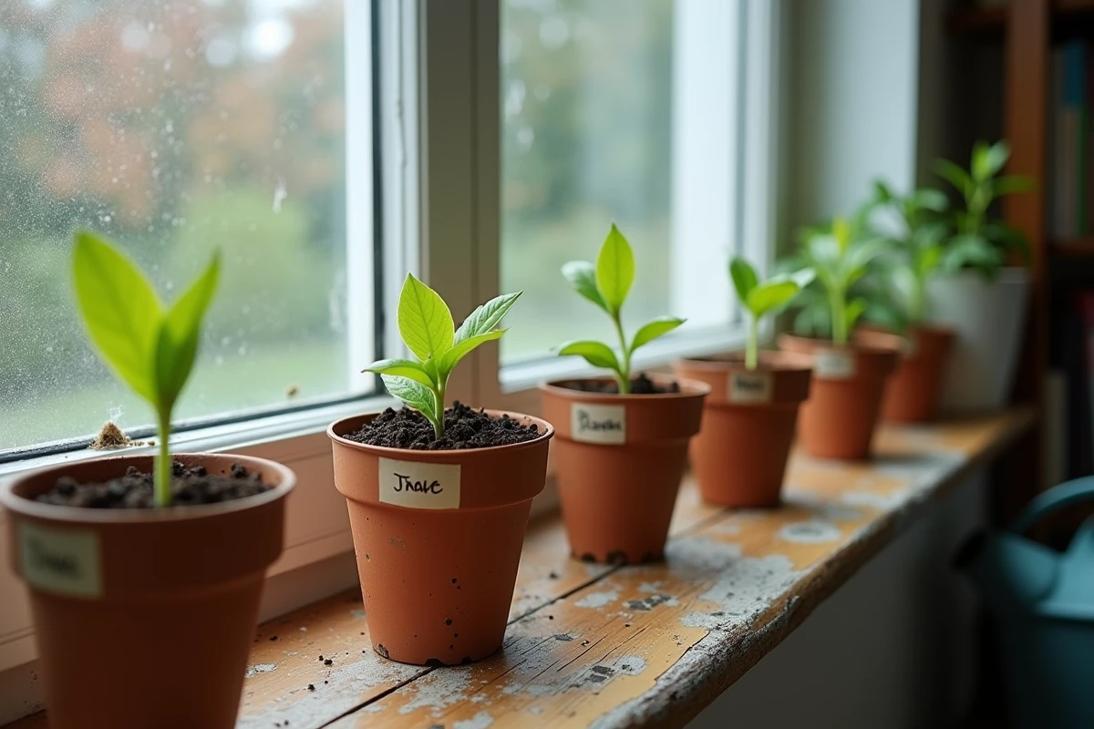 Rangée de petits pots biodégradables de semis de plantes pour tortue sur un rebord de fenêtre avec étiquettes manuscrites
