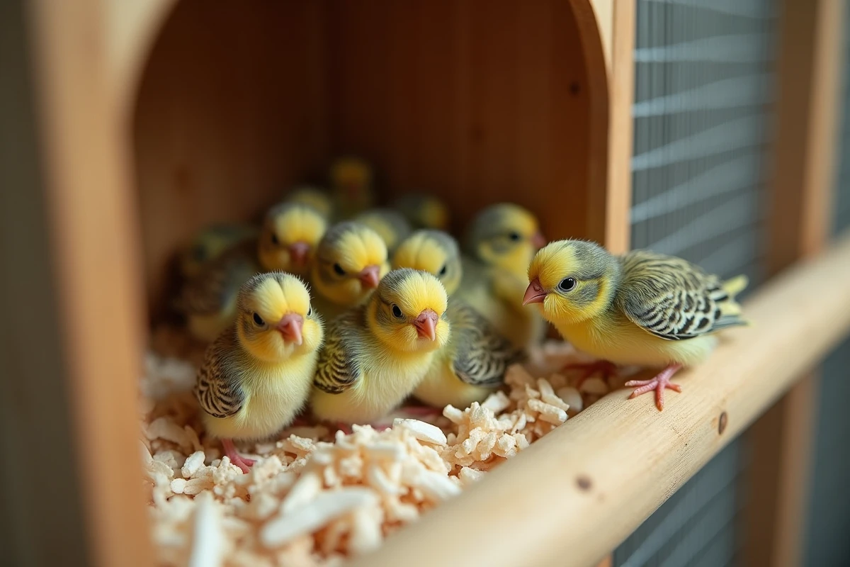 Poussins de perruches à différents stades de développement dans une boîte de nidification avec un parent à l'entrée