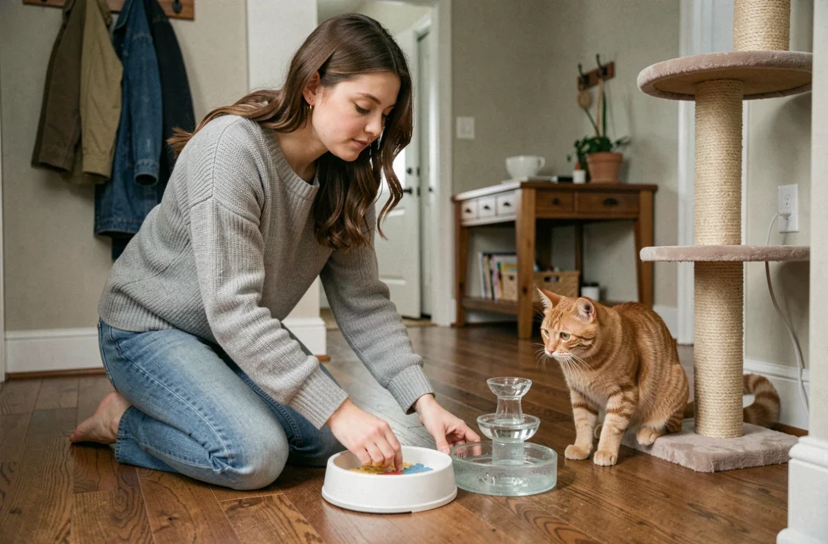 Femme préparant des accessoires pour laisser son chat seul à la maison, avec fontaine à eau et gamelle puzzle
