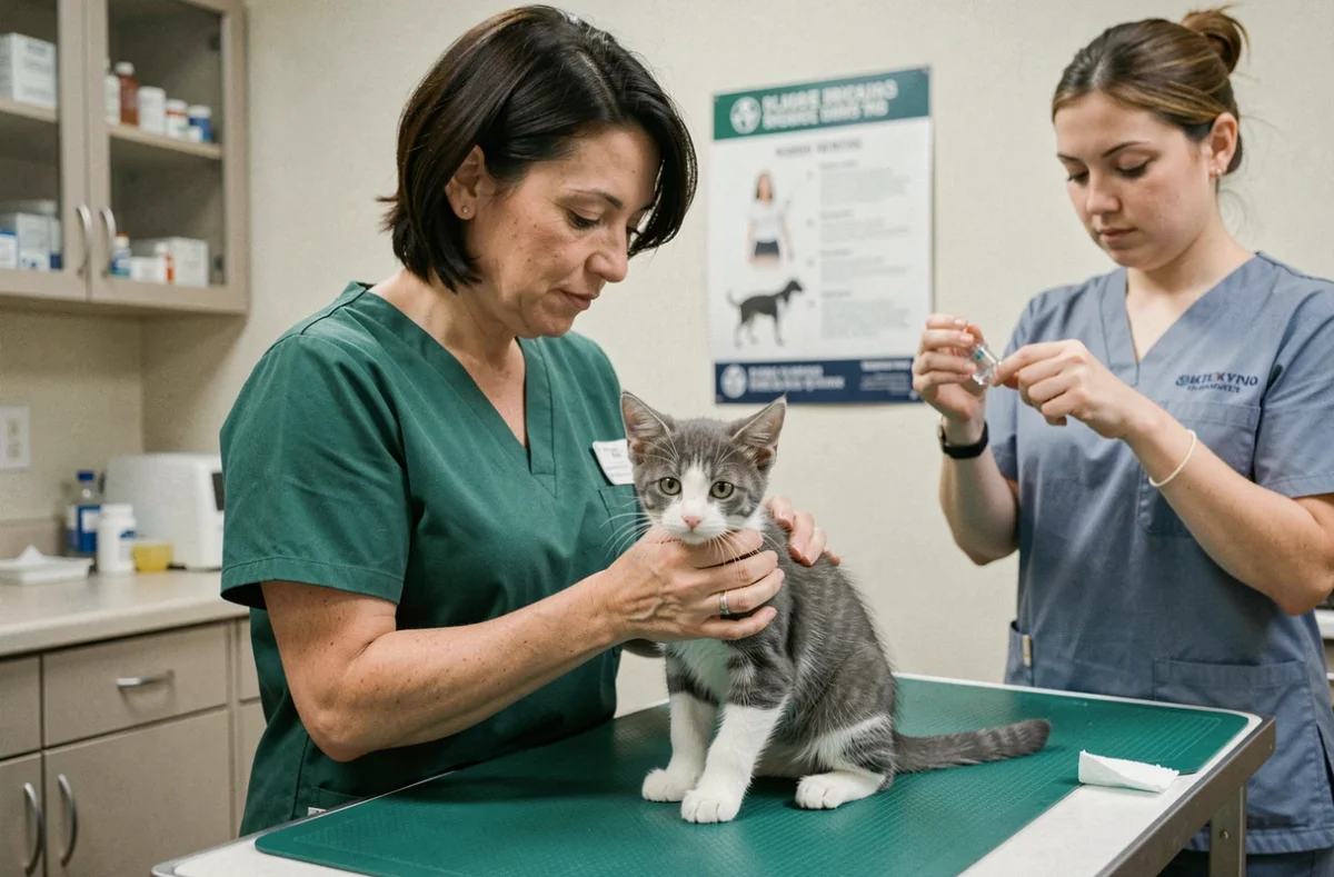 Vétérinaire réalisant la primovaccination d'un chaton gris dans une salle d'examen clinique