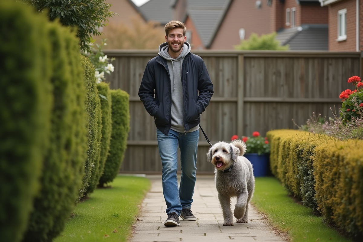 Homme marche avec chien dans un jardin de banlieue