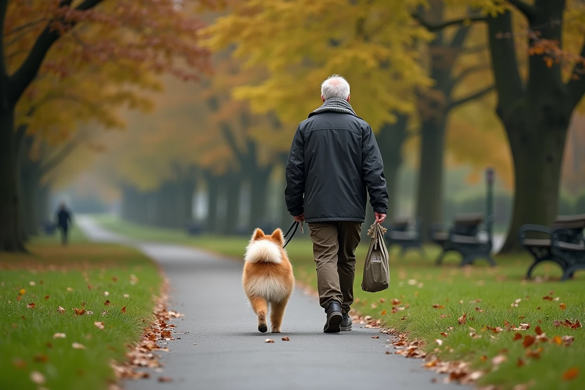 Pomsky promené dans un parc suburbain par un homme âgé