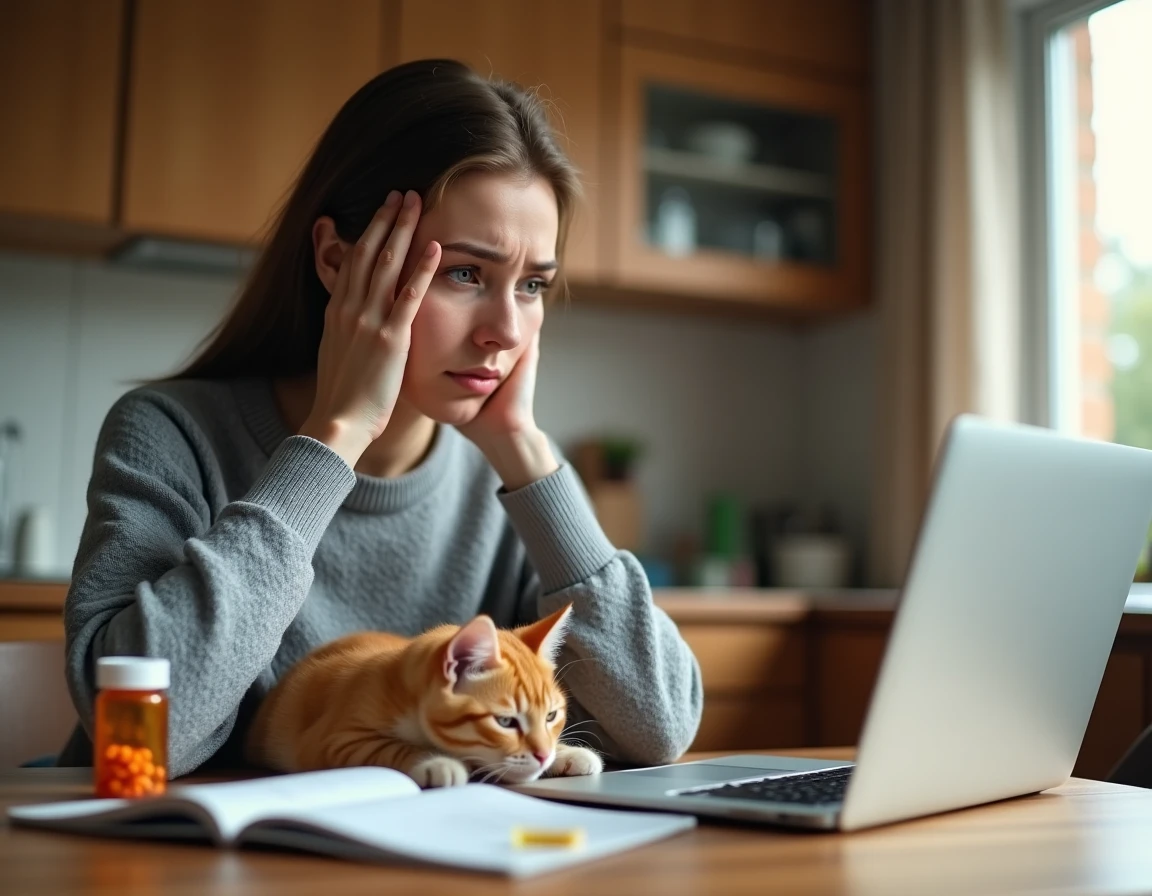 Jeune femme inquiète recherchant des informations sur les antibiotiques pour chat sur un ordinateur portable avec son chat à côté d'elle
