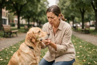 Femme inquiète examinant le museau de son chien golden retriever dans un parc après une morsure