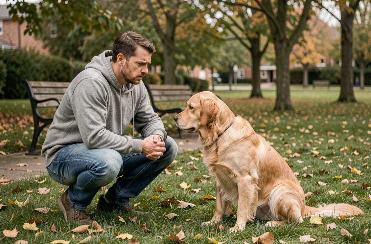 Propriétaire de chien inquiet observant son golden retriever dans un parc, soupçonnant la présence de vers parasites