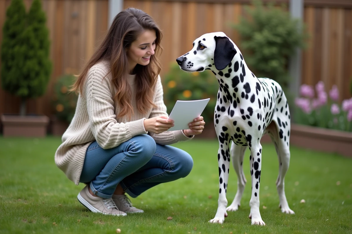 Jeune femme vérifiant un certificat avec son dalmatien