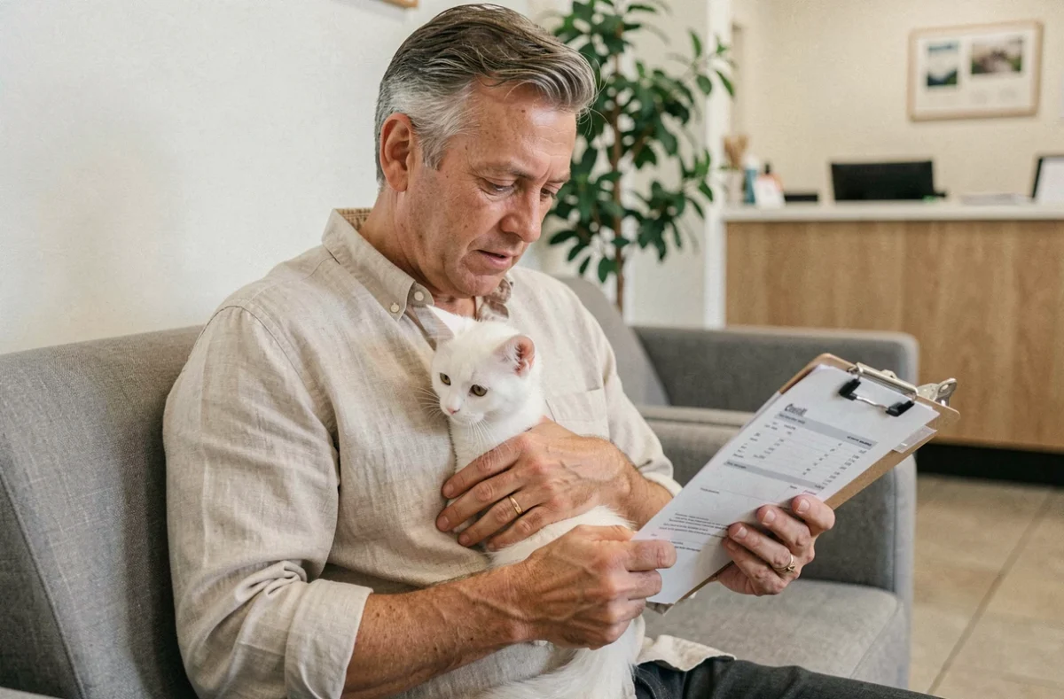 Propriétaire de chat examinant la facture de vaccination de son chaton dans la salle d'attente d'une clinique vétérinaire