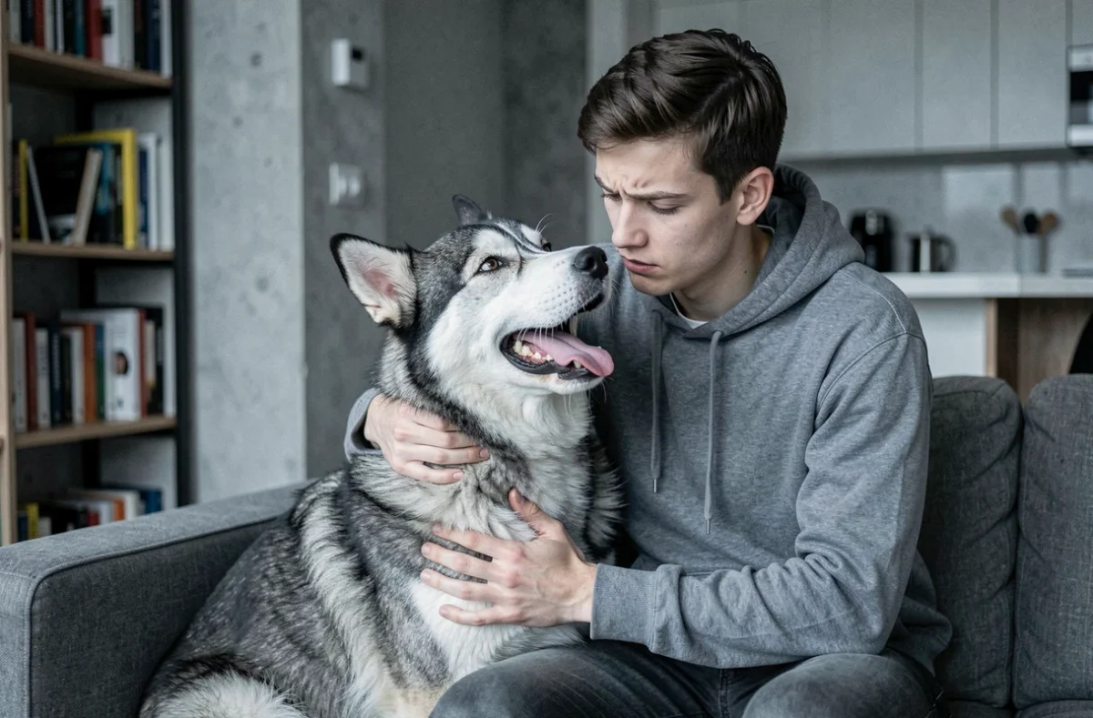 Propriétaire inquiet tenant son husky qui respire fort dans un appartement moderne